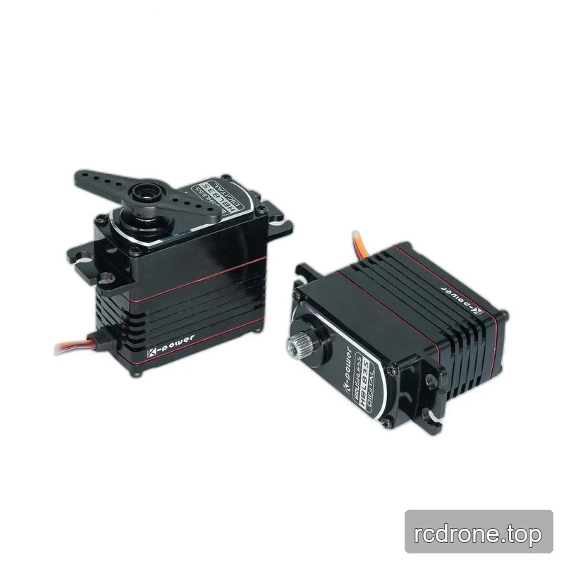Two HBL835 servos shown together, one upright with a double-arm horn and the other angled with an exposed splined shaft.