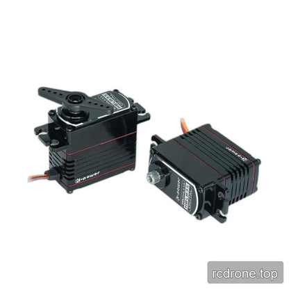 Two HBL835 servos shown together, one upright with a double-arm horn and the other angled with an exposed splined shaft.