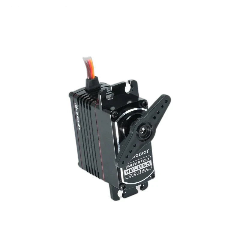 Upright HBL835 servo with a perforated double-arm horn fitted across the front and cable extending upward.