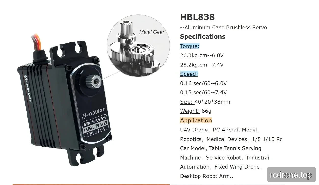 HBL838 aluminum-case servo with voltage-specific torque, speed and application details
