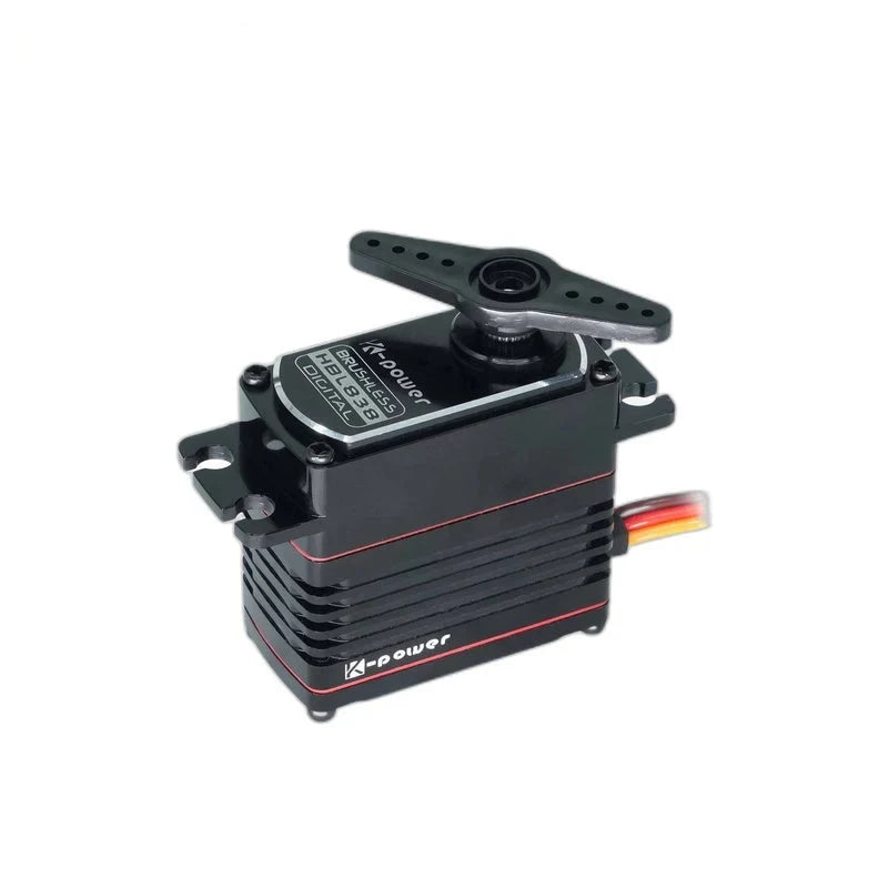 Black Kpower HBL838 servo with red trim, ribbed housing, mounting tabs, and double-ended horn in an elevated view.