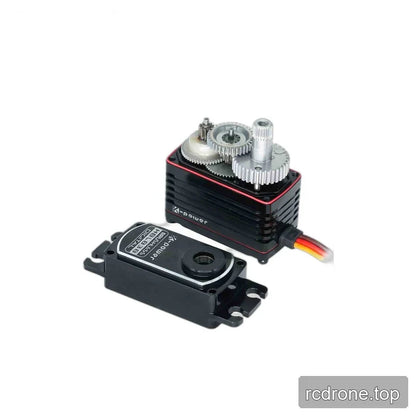 Kpower HBL838 servo with exposed gears and output shaft, beside its detached black top cover with mounting tabs.