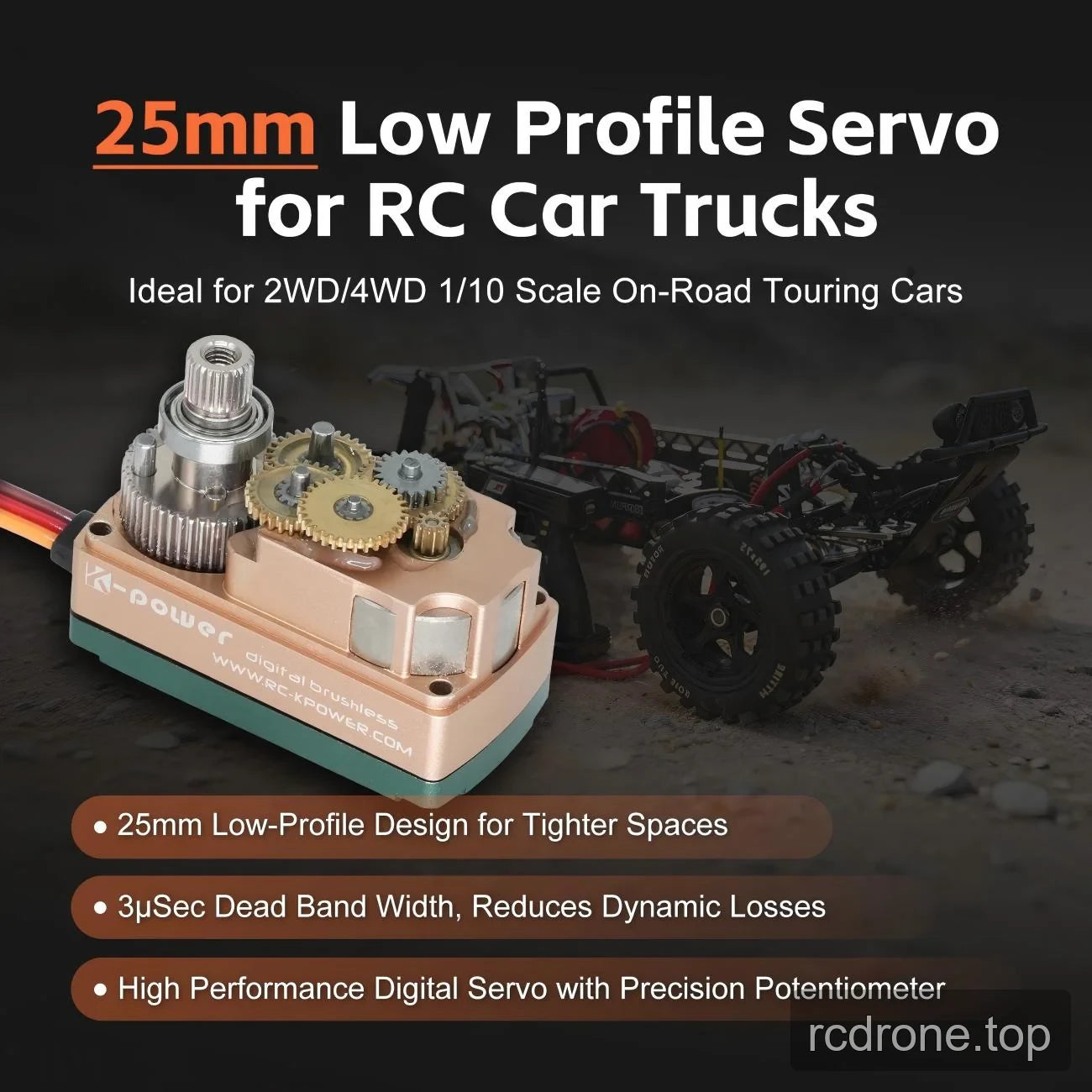 Illustrative servo cutaway with 25 mm profile and RC touring-car labels