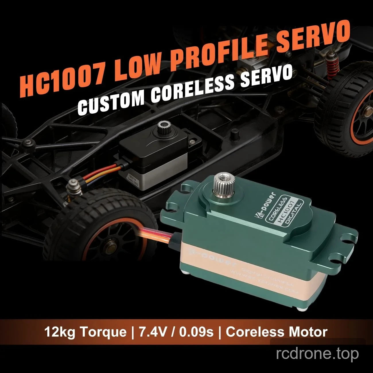 HC1007 low-profile coreless servo beside an RC car chassis