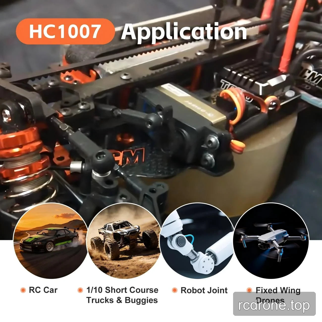 HC1007 installed in an RC chassis with labeled application examples