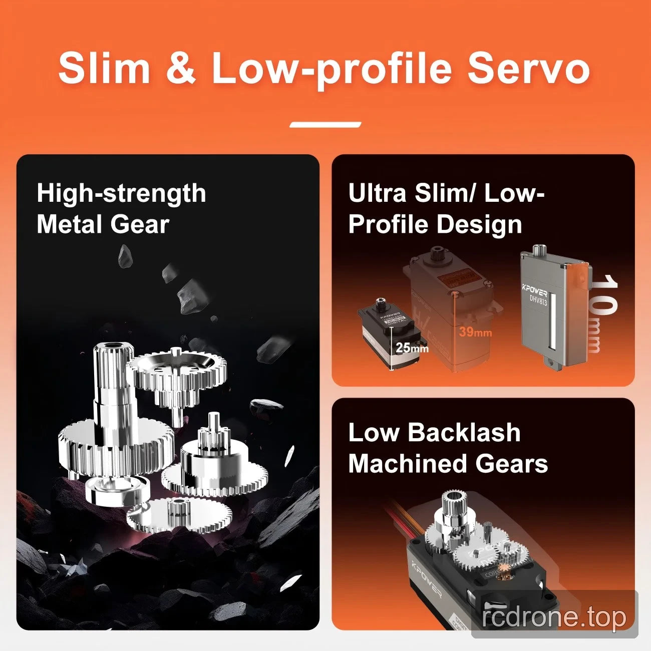 Illustrative 25 mm, 39 mm and 10 mm servo profile comparison with metal gears