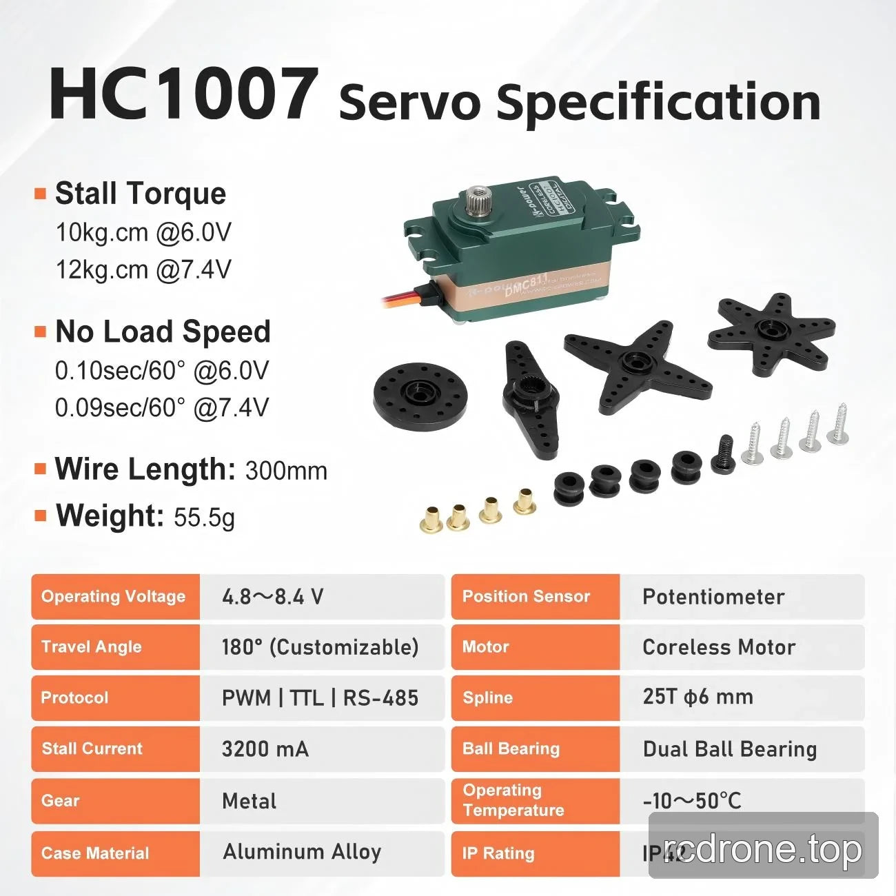 HC1007-labeled specification table with an illustrative servo and accessories