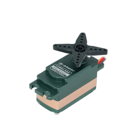 Green Kpower HC1007 servo viewed from above, showing its labeled top, black four-arm horn, and copper-colored band.