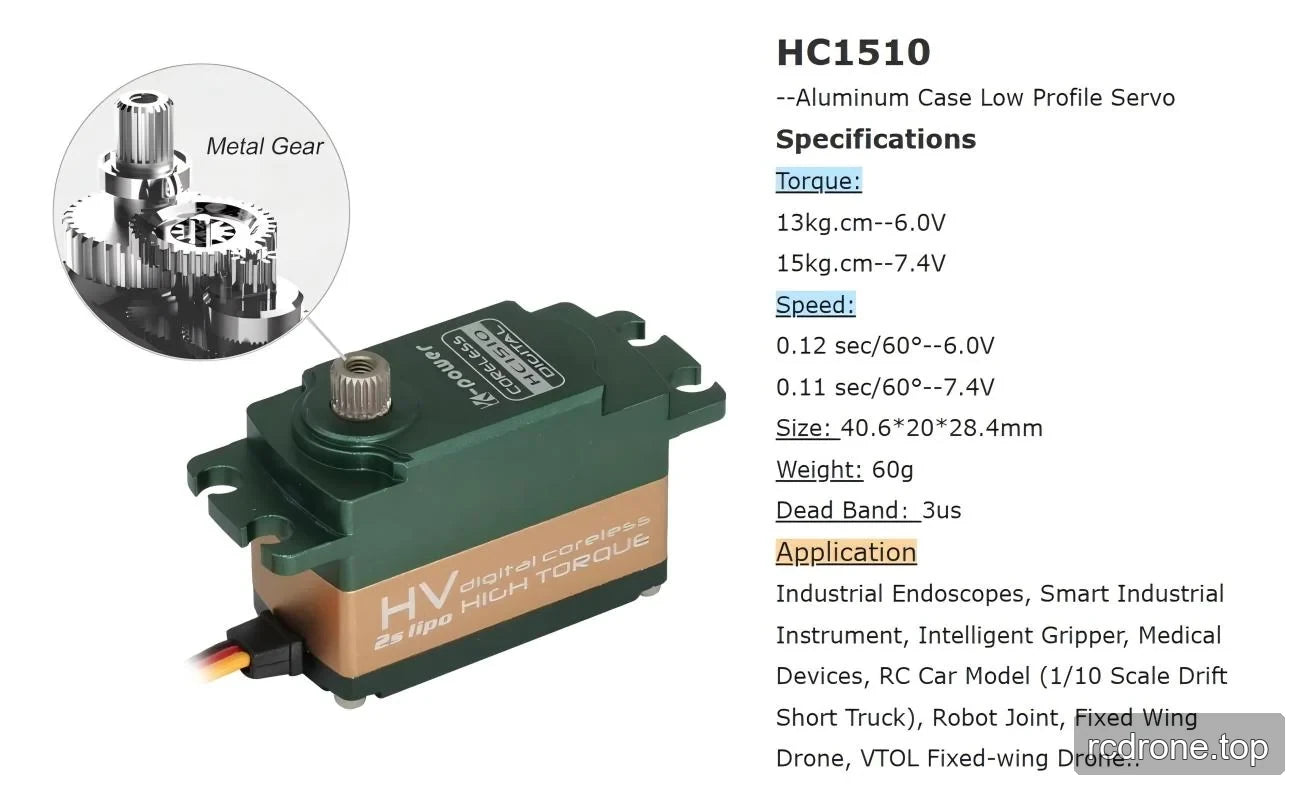 HC1510 aluminum-case servo with metal gears and voltage-specific specifications