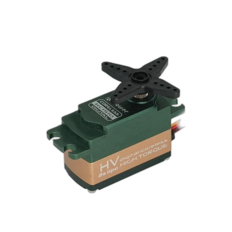 Green and gold servo with a black four-arm perforated horn attached, viewed from above with side markings visible.