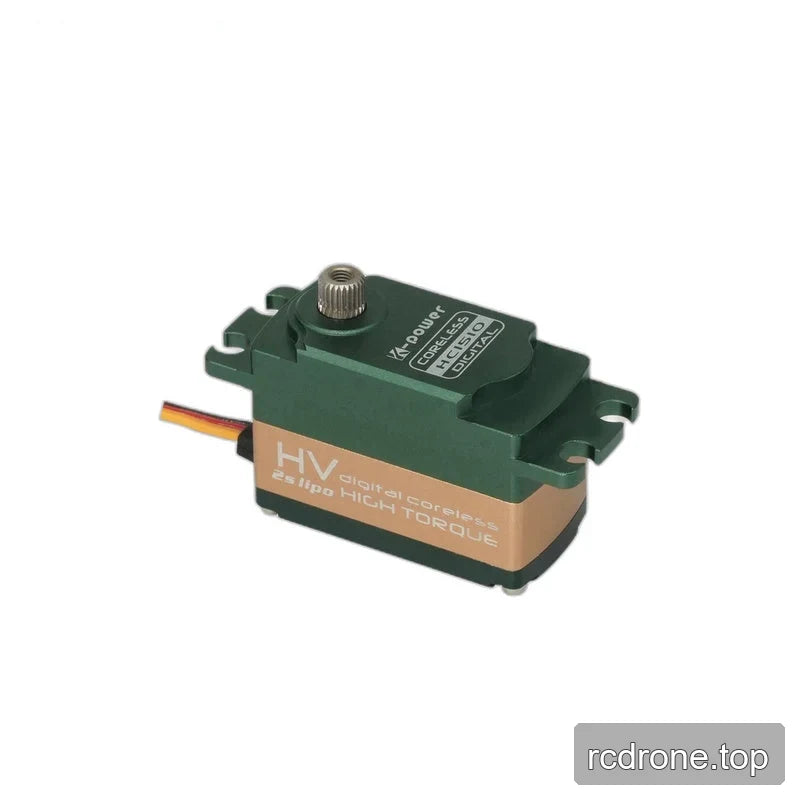 HC1510 servo viewed horizontally from above, with a bare splined shaft, gold labeled side panel, and wires extending left.