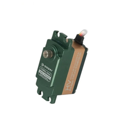 Green and gold HC1510 servo tilted upright, showing its exposed splined shaft, mounting tabs, and wire lead.