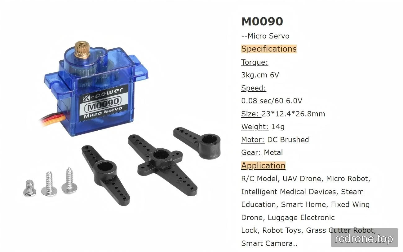 M0090 specification panel with three black servo horns and three screws