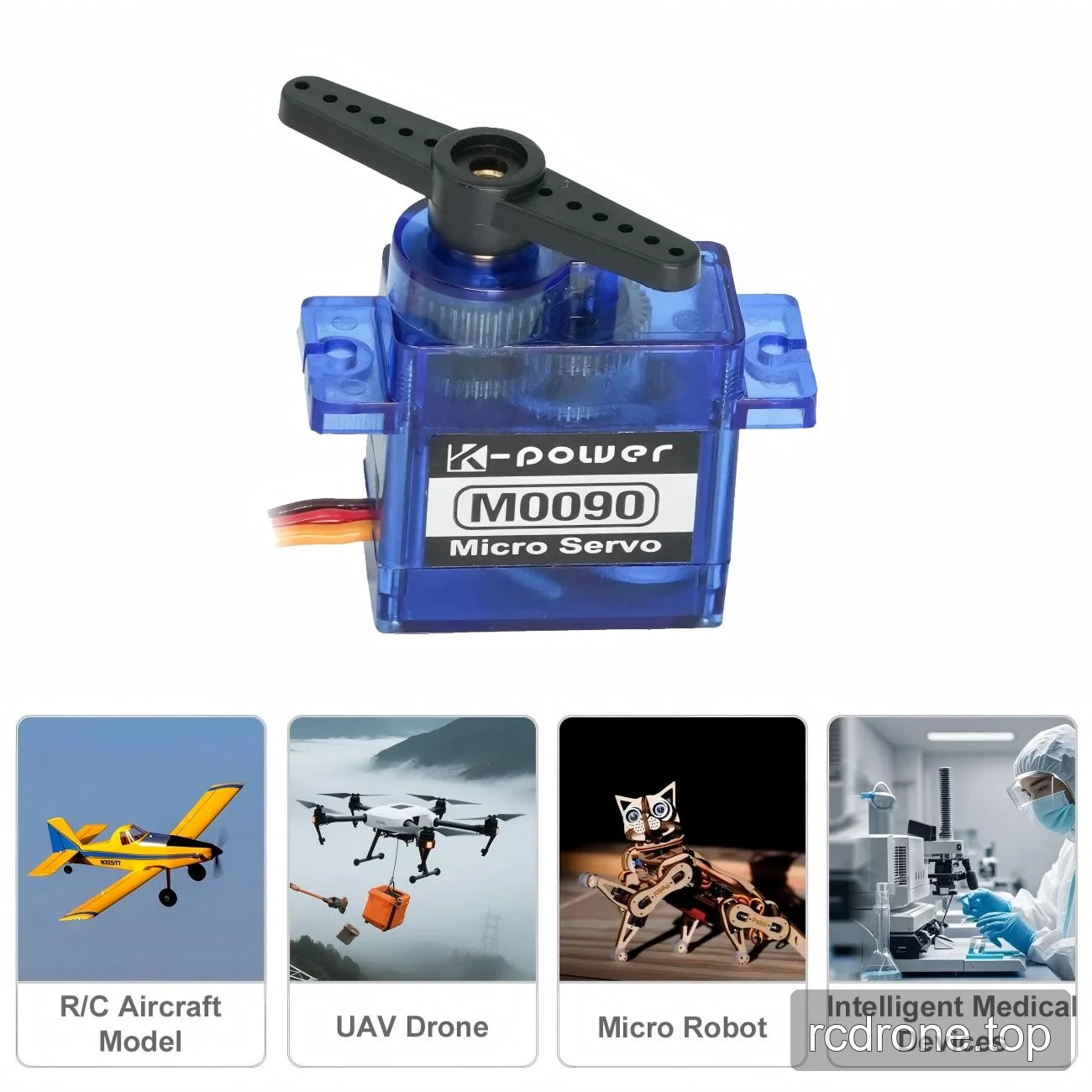 Kpower M0090 blue micro servo with mounting ears and black double-arm horn