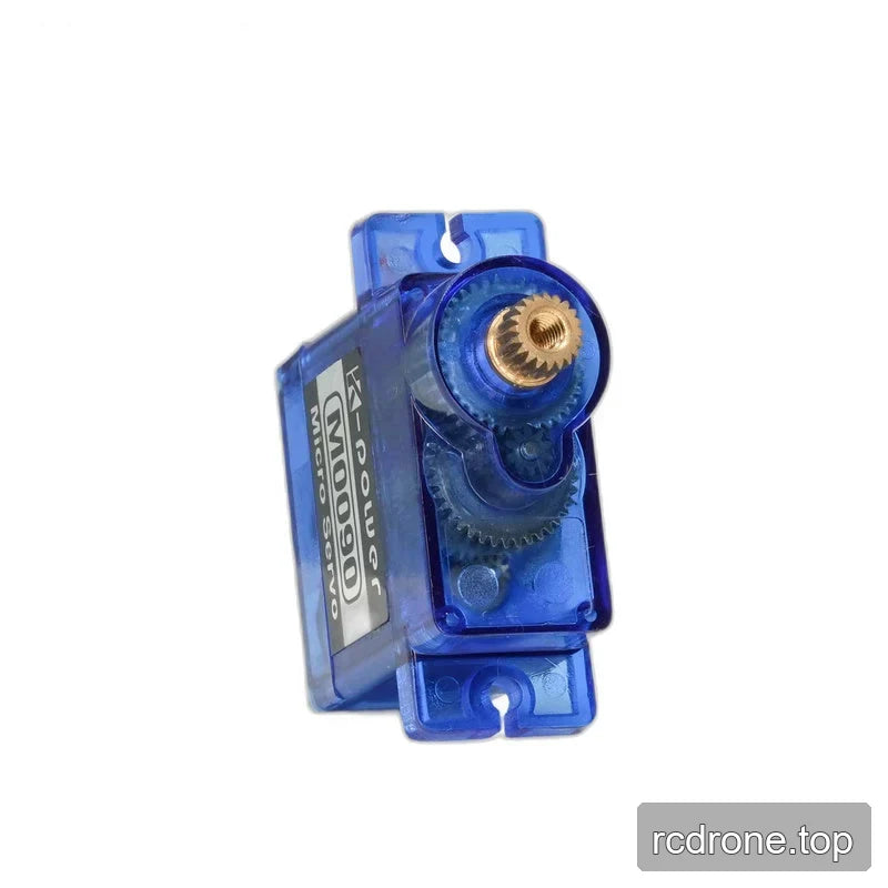 Angled top view of the blue servo with bare splined output shaft, gears visible through the cover and mounting tabs.