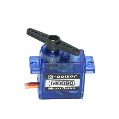 Translucent blue M0090 servo with a black double-arm horn, visible internal gears and side mounting tabs.
