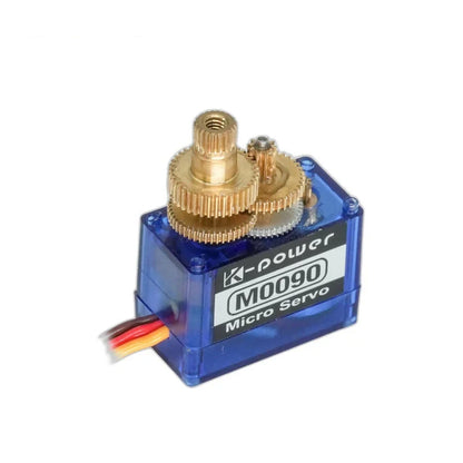 Blue M0090 micro servo with top cover removed, showing metal gears, splined output shaft and side wires.