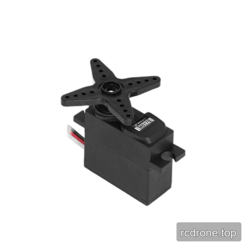 Black servo with an attached four-arm horn, showing rows of adjustment holes, mounting tabs and the M0170 label.