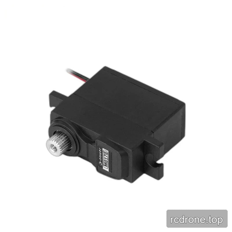 M0170 servo at a horizontal angle, showing the broad black casing, silver splined shaft and slotted mounting tabs.