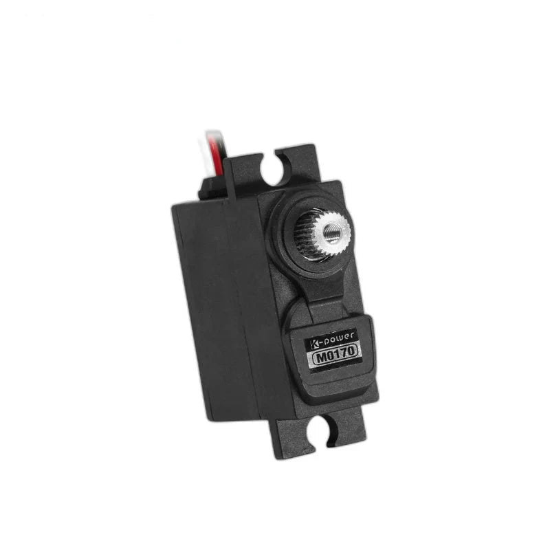 Kpower M0170 servo viewed toward the shaft face, with the model label and both slotted mounting tabs visible.