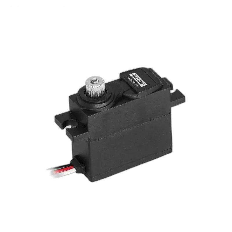 Black servo motor at an upright side angle, showing its silver splined shaft, mounting tabs and wire lead.