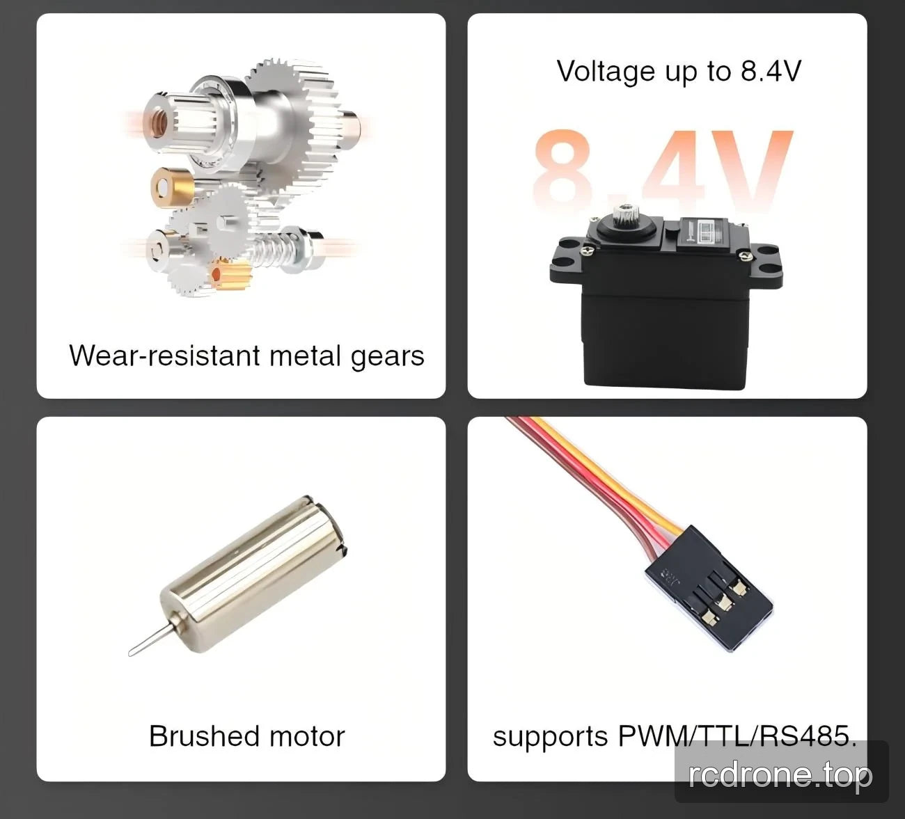 Servo feature panel with metal gears, 8.4 V label, brushed motor and connector