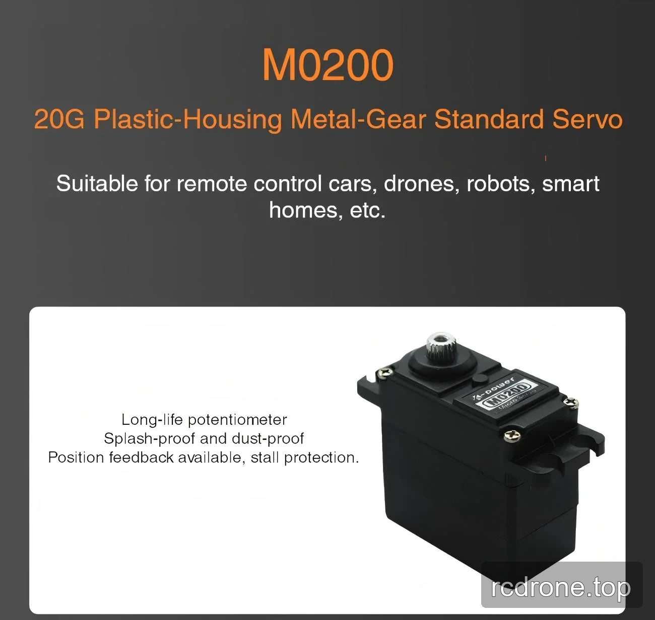 M0200 plastic-housing servo with 20G designation and application labels