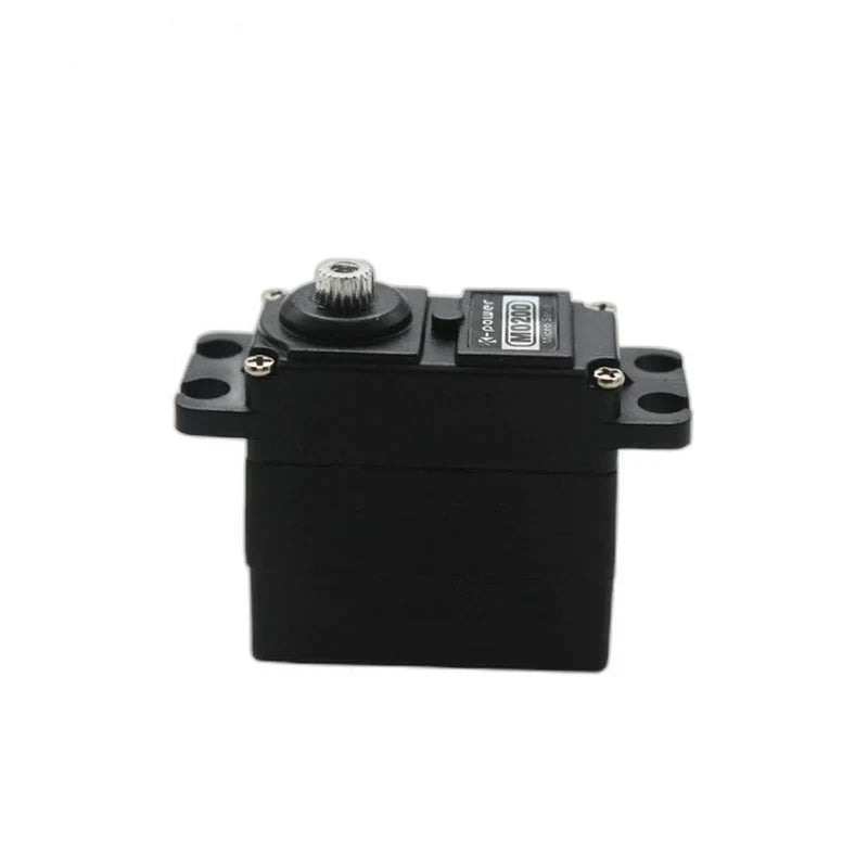 Side view of the black M0200 servo showing its broad casing, silver output shaft and mounting tabs with round holes.
