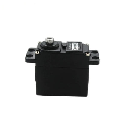 Side view of the black M0200 servo showing its broad casing, silver output shaft and mounting tabs with round holes.