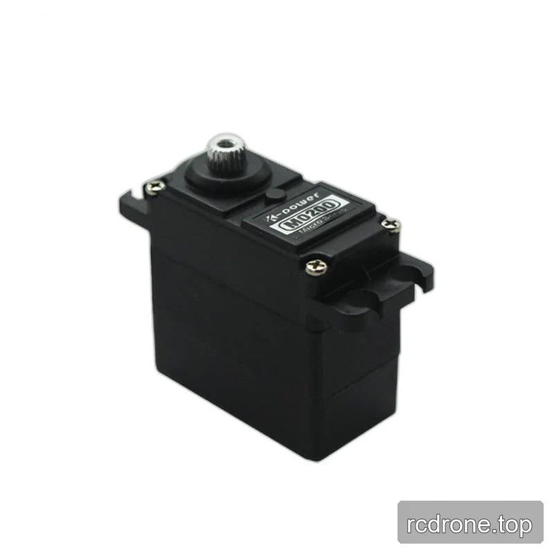 Three-quarter view of the black Kpower M0200 servo with a labeled top, silver splined shaft and slotted mounting tabs.