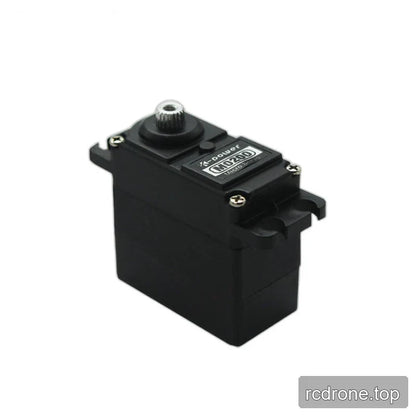 Three-quarter view of the black Kpower M0200 servo with a labeled top, silver splined shaft and slotted mounting tabs.
