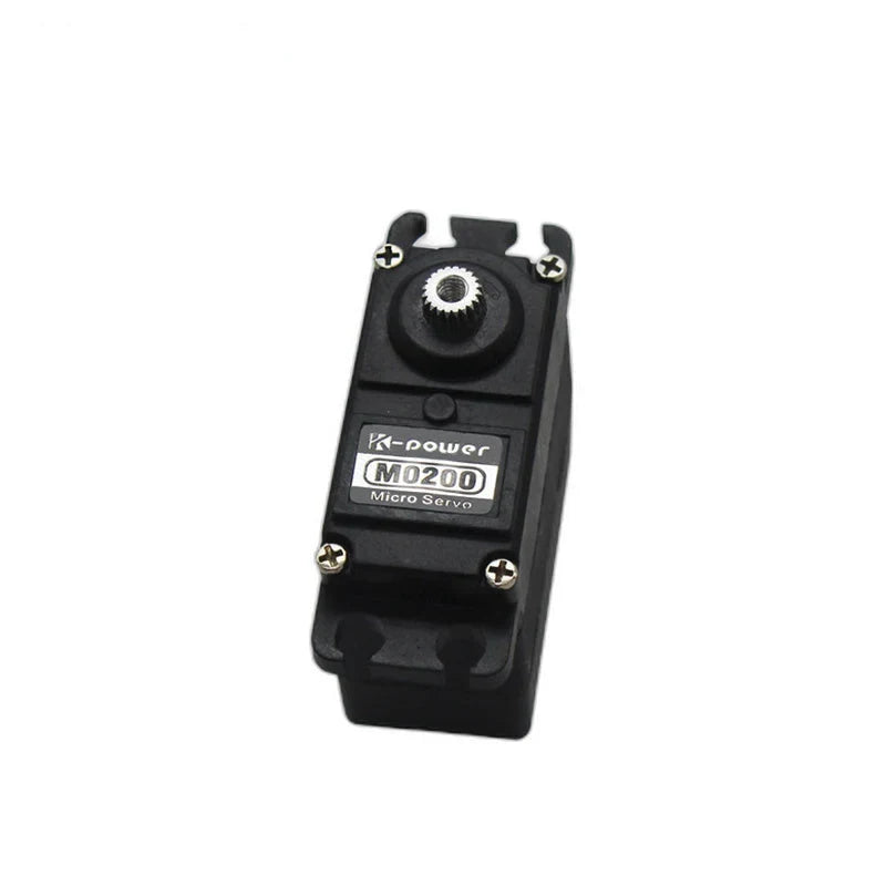 Black Kpower M0200 micro servo viewed from above, showing the model label, silver splined shaft and mounting tabs.