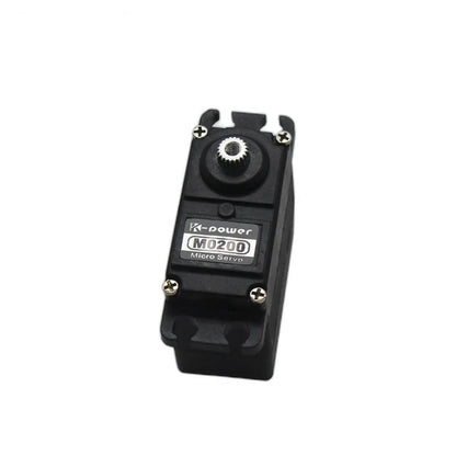 Black Kpower M0200 micro servo viewed from above, showing the model label, silver splined shaft and mounting tabs.