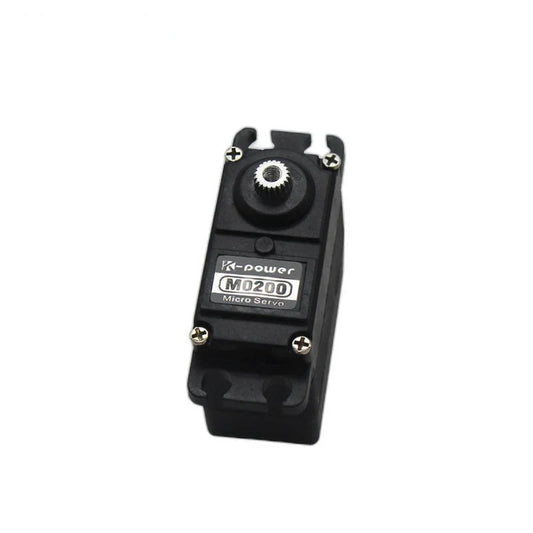 Black Kpower M0200 micro servo viewed from above, showing the model label, silver splined shaft and mounting tabs.