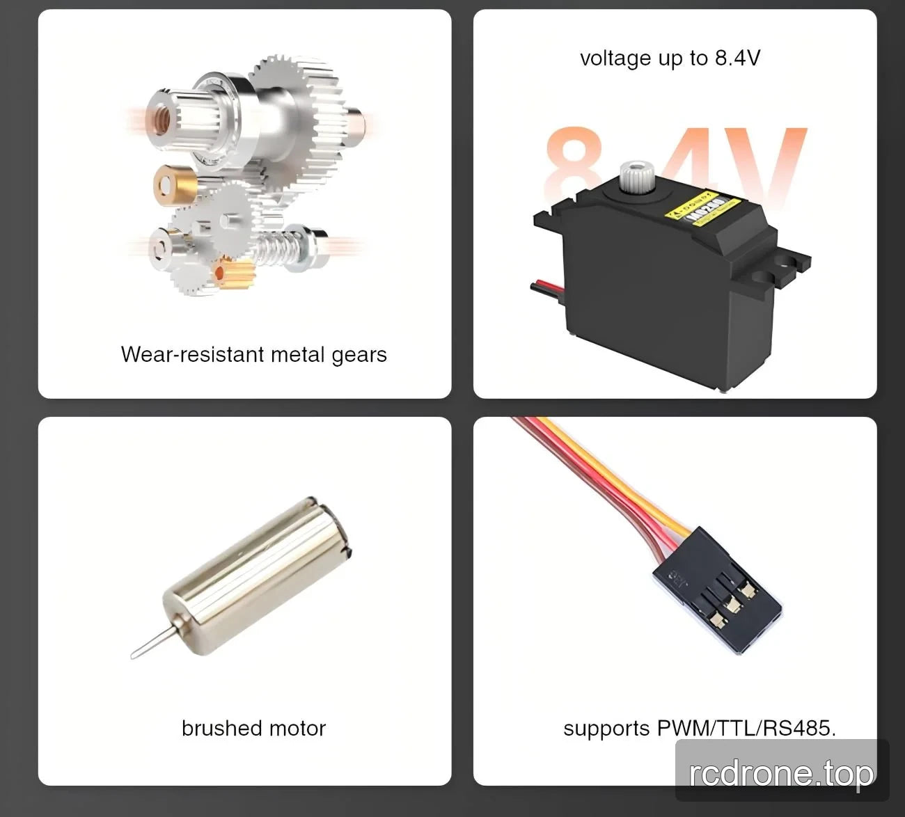 Servo feature panels labelled metal gears, 8.4 V, brushed motor and PWM/TTL/RS485