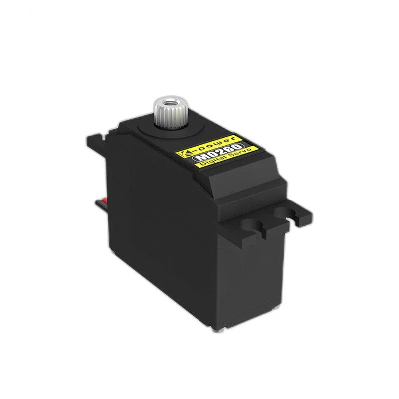 Kpower M0260 servo viewed from the opposite angle, showing its left-facing broad side, mounting holes, and silver shaft.