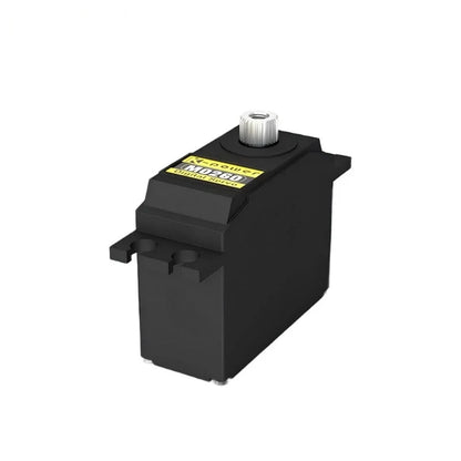 Black Kpower M0260 servo with right-facing broad side, silver splined shaft, mounting tabs, and yellow top label.