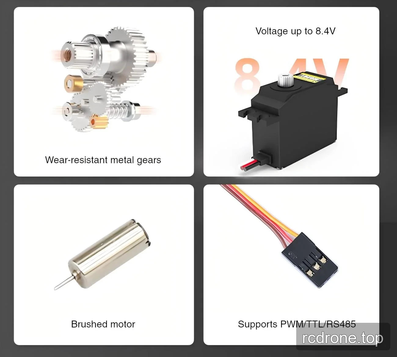 Servo feature graphic with metal gears, brushed motor, 8.4 V and PWM/TTL/RS485 labels