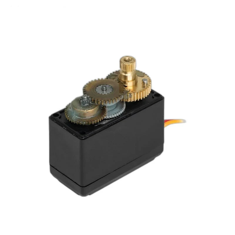 Black servo with top cover removed, showing intermeshing gears and a gold-colored splined output shaft.