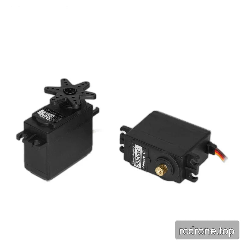 Two M0300 servo views showing a fitted six-arm black horn on the left and a bare gold-colored output shaft on the right.