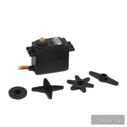 Black M0300 servo displayed with round, four-arm, six-arm, and double-arm black servo horns on a white background.