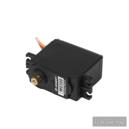 Black servo lying sideways with M0300 Analog Servo label, exposed splined shaft, and slotted mounting tabs.