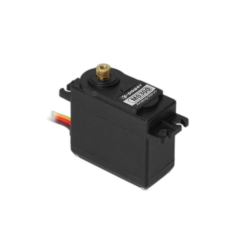 Upright black M0300 analog servo with labeled top, gold-colored output shaft, mounting tabs, and colored wires.