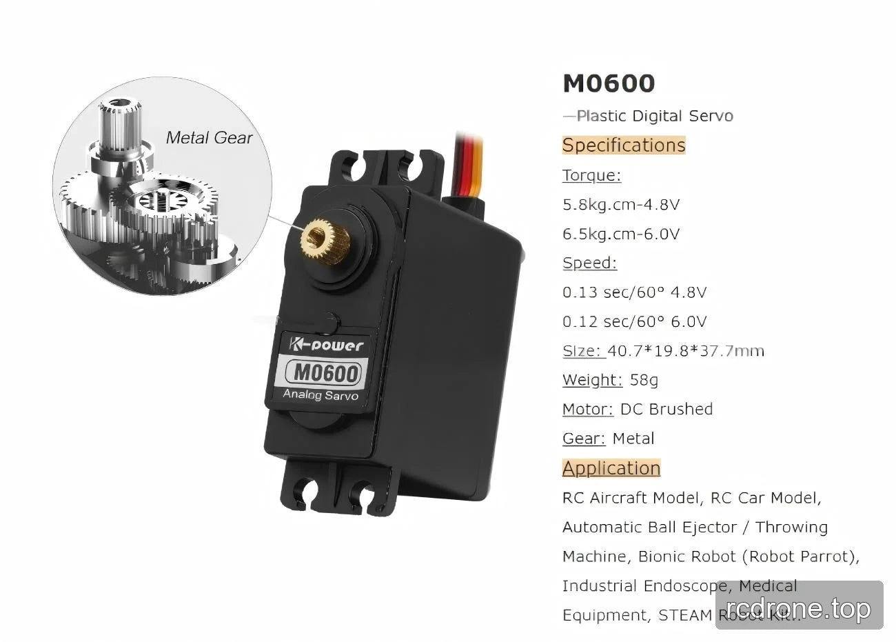 M0600 specification panel with voltage-dependent torque, speed and dimensions