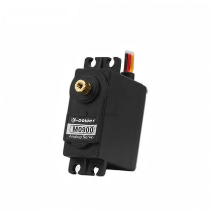 Upright black servo with exposed gold-colored splined shaft, M0900 Analog Servo label, and slotted mounting tabs.