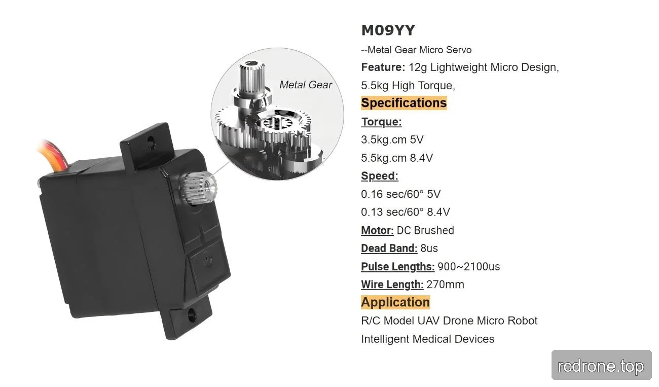 M09YY specification panel with voltage-dependent torque, speed, pulse range and wire length