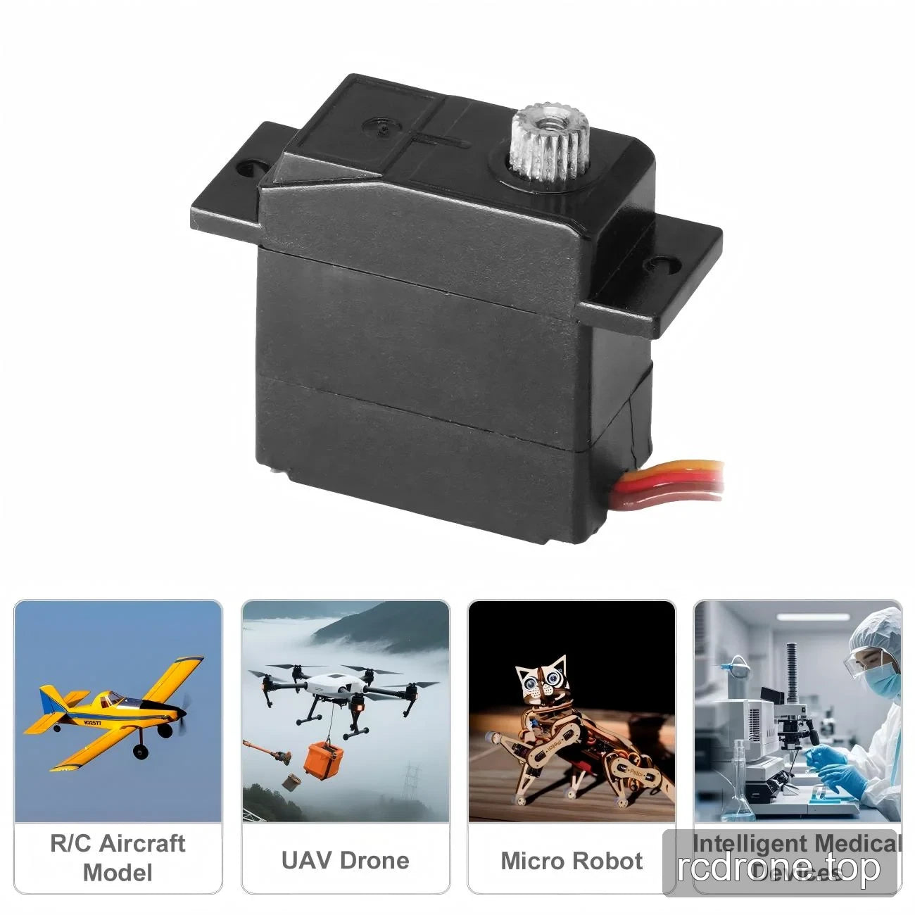 Micro servo with mounting tabs and RC aircraft, UAV, micro robot and medical-device application labels