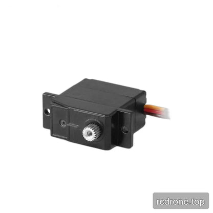 Black servo lying horizontally with silver splined shaft facing forward, two visible mounting holes, and wires to the right.
