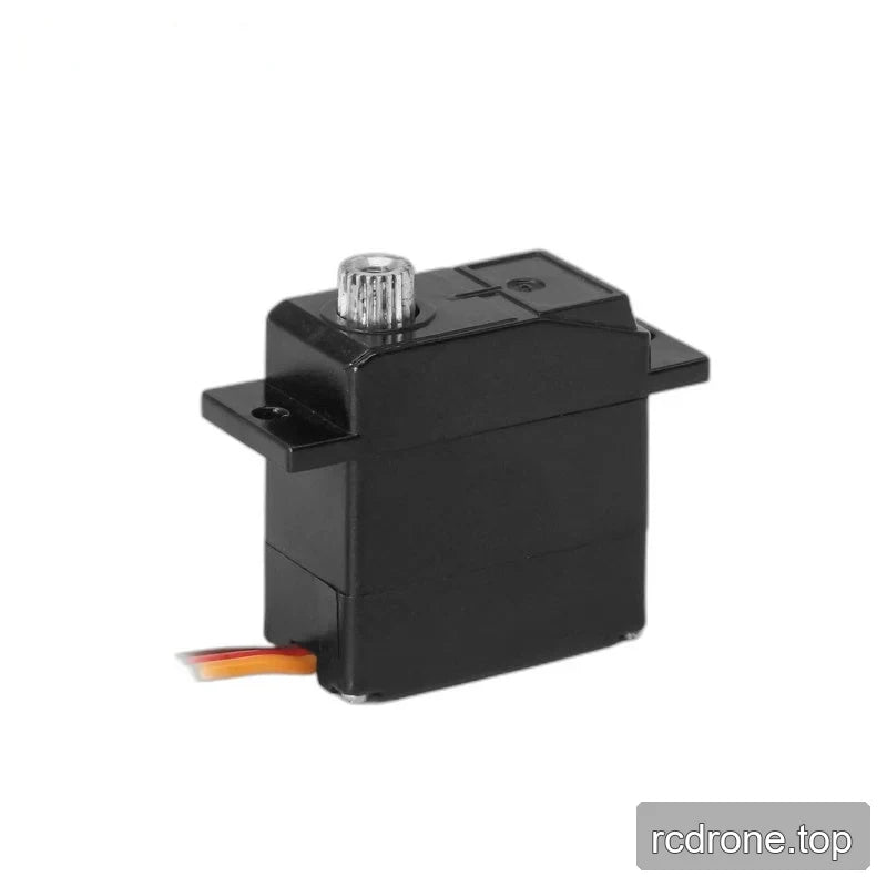 Upright black servo with broad side visible, silver shaft at upper left, mounting tabs, and wires exiting lower left.