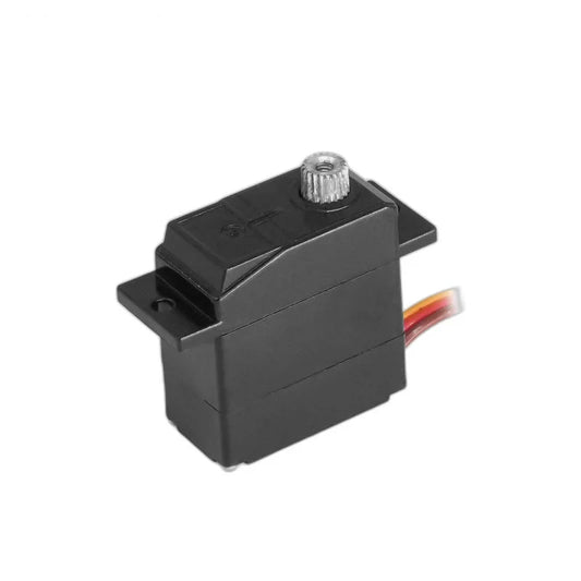 Black servo with silver splined output shaft, mounting tabs, and colored wires extending right, viewed from above.